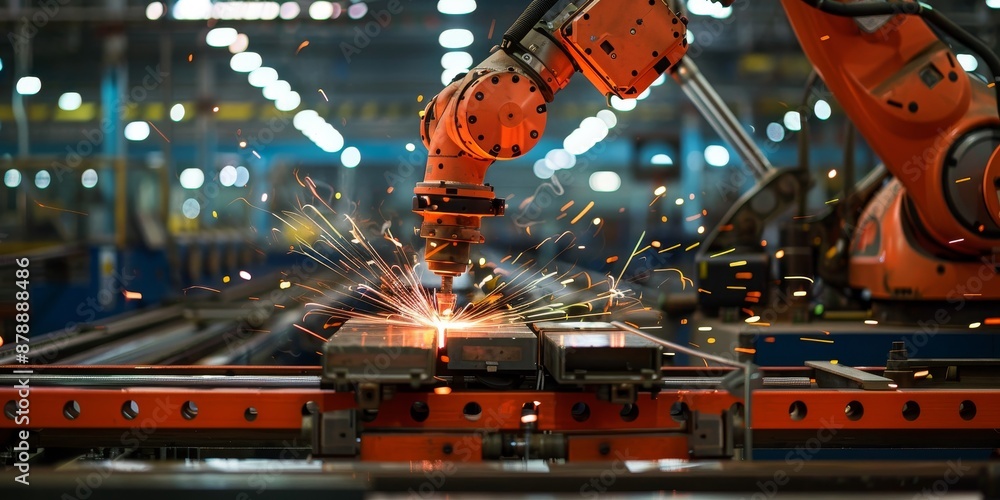 Poster an industrial robot welding parts on an assembly line, highlighting automation in modern manufacturi