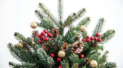 Traditional Christmas tree with pine branches and decorations isolated on white background Festive greetings