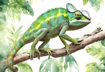 lizzard illustration creature branch chameleon plant draw drawn closeup close lizard beautiful green watercolor tongue background reptile image hand animal panter olated reptilian exotic real