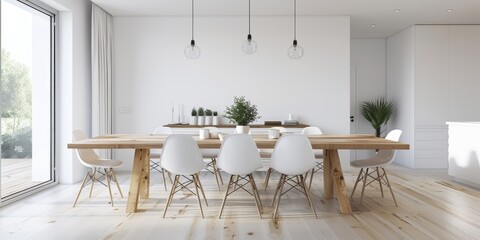 A minimalist dining area with a wooden table, white chairs, and a simple centerpiece, highlighting elegance in simplicity