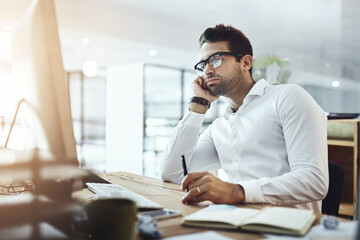 Tired, bored and business man in office on computer for deadline on web design, project and...
