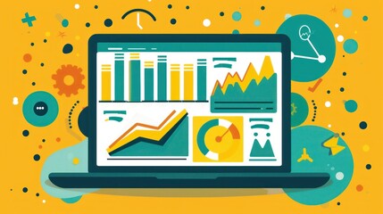 Laptop with colorful charts and graphs.