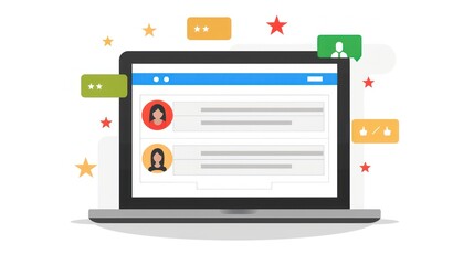 Laptop with User Feedback and Review Icons.