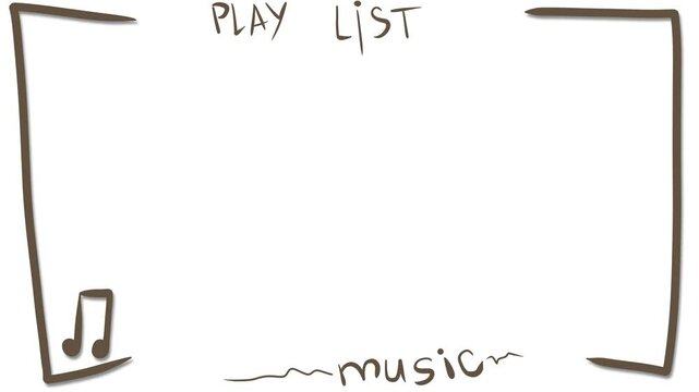 The music-themed animation consists of large brackets, musical notes, and words such as "music," "play," and "list".
