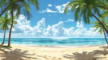 Beautiful tropical beach scene with palm trees, golden sand, and turquoise ocean under a clear, blue, sunny sky.