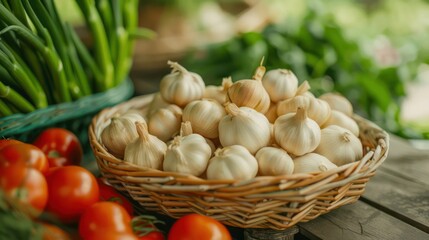 Fresh Garlic Bulbs in a Basket, Garden Fresh Flavorful Ingredients for Delicious Recipes, Natural Goodness From Farm to Table
