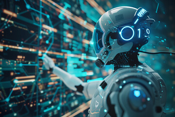 Artificial intelligence robot control futuristic data on multiple digital screens in control room illuminated. Analysis cyber currency market.