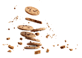 Stack of chocolate chip cookies with crumbs. Isolated on a transparent background
