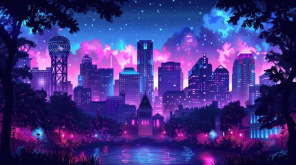 Fototapeta premium Nighttime Cityscape with Neon Lights and Starry Sky Reflected in Water, Illustrating a Futuristic and Vibrant Urban Scene