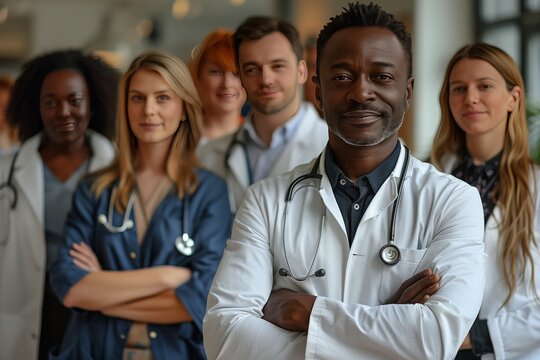 Cheerful Chief Doctor with Diverse Medical Team Portrait