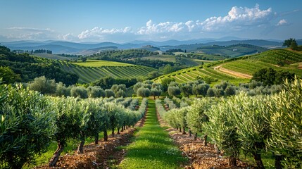 Naklejka premium Trees and a dirt road in a countryside landscape with rolling hills and blue sky