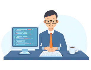 Cartoon illustration of a clerk working at a table in the office