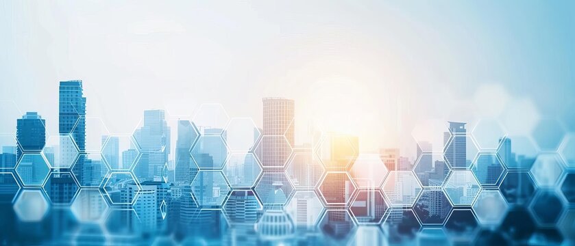 Abstract cityscape with hexagonal pattern and sunlight. Modern urban skyline with futuristic digital technology overlay.