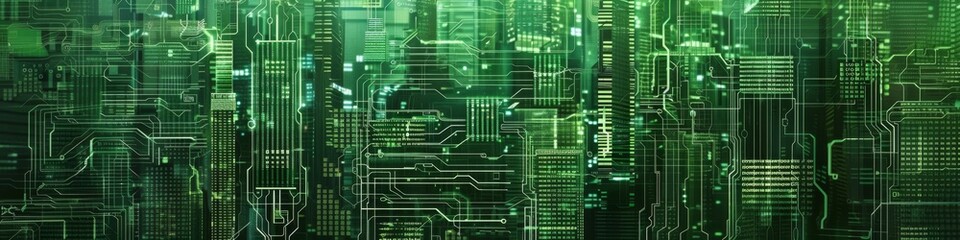 Fototapeta premium Abstract wallpaper style image featuring a green circuit board cityscape, perfect for a high-paying science and technology popular science publication background or bestseller, HD wallpaper, backgroun