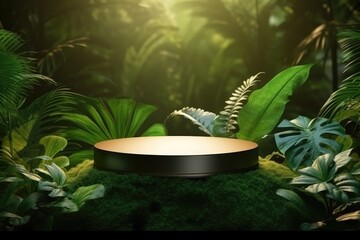 Podium pedestal in tropical forest garden green plant.