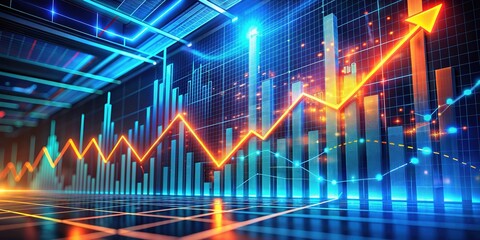 Fototapeta premium Vibrant 3d rendering of a financial stock market graph rising upwards on a futuristic abstract technology background with neon blue and orange hues.