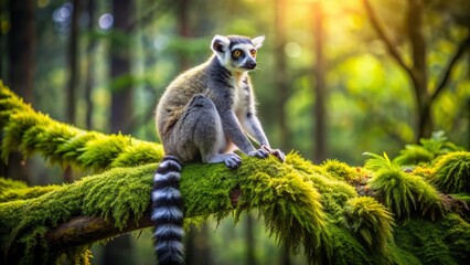 Obraz premium A Cute Lemur Sits On A Branch In The Jungle And Looks Around Curiously.