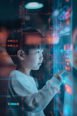 Asian child using colourful simplistic artificial intelligence on virtual screen with simple minimalist colourful UI for education - future education concept, virtual classroom