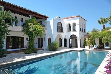 Fototapeta premium Traditional Mediterranean white house with pool against blue sky