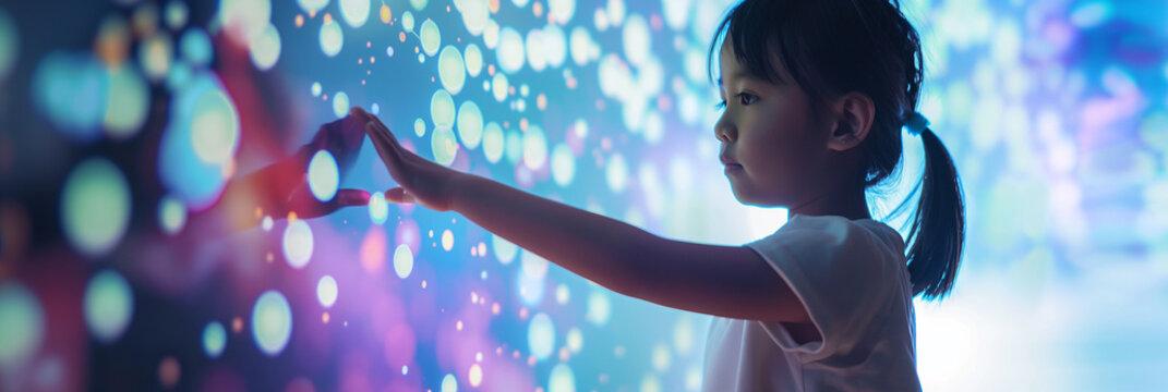 Asian child using colourful simplistic artificial intelligence on virtual screen with simple minimalist colourful UI for education - future education concept, virtual classroom