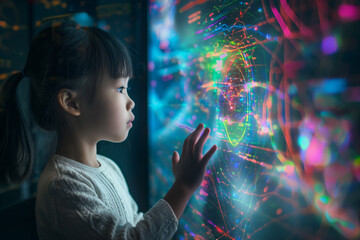 Asian child using colourful simplistic artificial intelligence on virtual screen with simple minimalist colourful UI for education - future education concept, virtual classroom