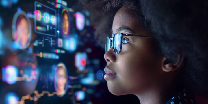 black child using artificial intelligence on virtual screen with a simple minimalist colourful UI for communicating with friends online - future social media concept