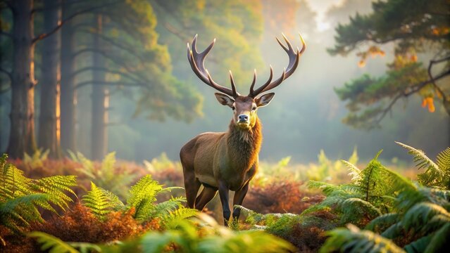 Majestic red deer stag with impressive antlers stands proudly on a misty autumn morning forest meadow, surrounded by lush green ferns and tall trees.