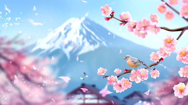 Blossom in spring with bird and butterfly. Seamless loop video background