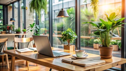 Workspace With A Laptop, Books And A Cup Of Coffee In A Modern Office With Large Windows