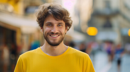 Fototapeta premium Portrait of a smiling man wearing a yellow shirt in a city setting.