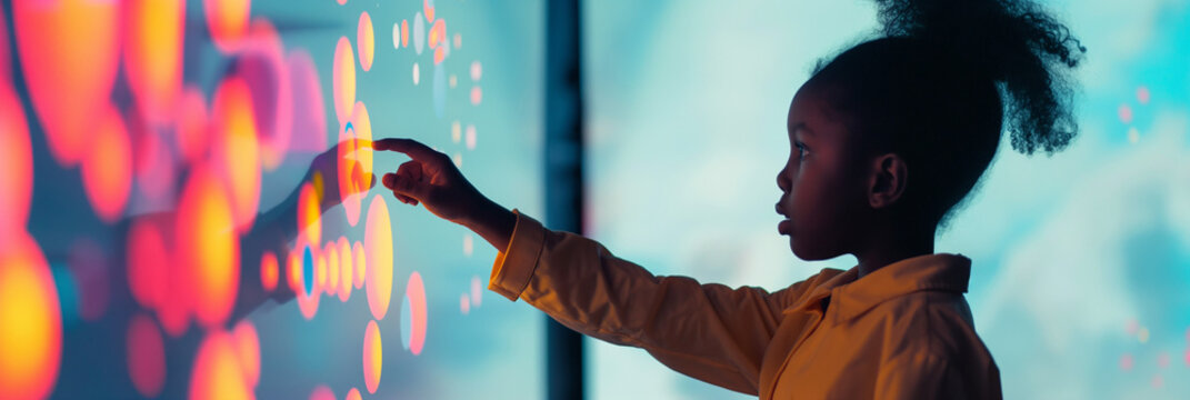 black child using artificial intelligence on virtual screen with a simple minimalist colourful UI for communicating with friends online - future social media concept