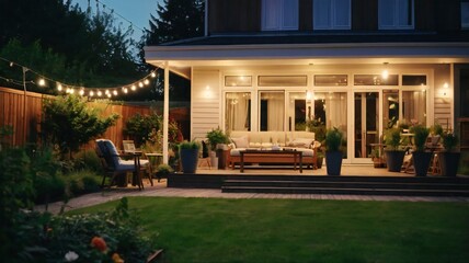 Summer evening on the patio of beautiful suburban house with lights in the garden