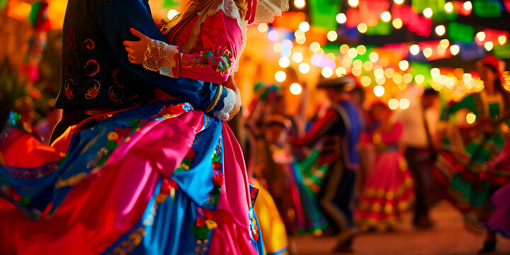 Pareja bailando en fiesta mexicana, baile tipoco, decoraciones de papel picado, y luces de fondo borrosas. Celebraci&oacute;n de d&iacute;as patrios, independencia, o 5 de Mayo