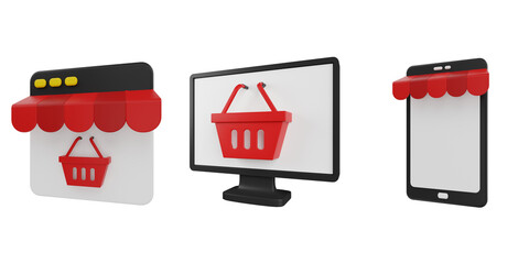 Online Shop, Online Shopping, Online Store. Sale 3D Set. Transparent Background