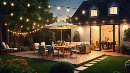 Summer evening on the patio of beautiful suburban house with lights in the garden