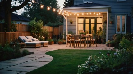Summer evening on the patio of beautiful suburban house with lights in the garden