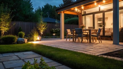 Summer evening on the patio of beautiful suburban house with lights in the garden