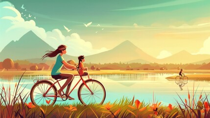 Mother and Daughter Cycling by a Lake.