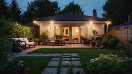Summer evening on the patio of beautiful suburban house with lights in the garden
