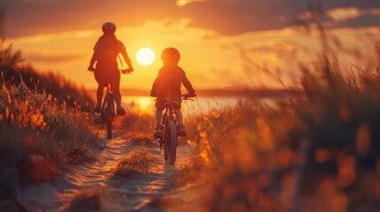 Fototapeta premium Silhouette of a mother and child riding bikes at sunset.