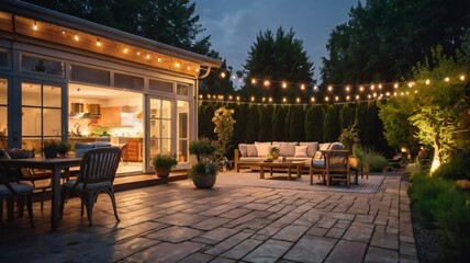 Summer evening on the patio of beautiful suburban house with lights in the garden