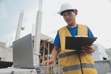 worker or engineer holding laptop computer and checking inside containers warehouse storage