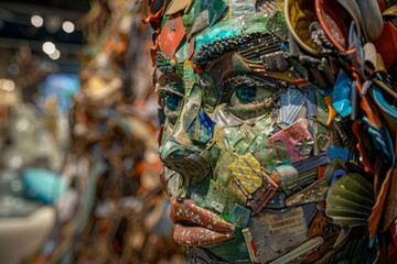Fototapeta premium unique sculpture made from recycled materials, displayed in an eco-friendly art exhibit