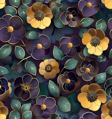 A seamless pattern with gold foil flowers and a paper cut-out effect, inspired in the style of Art Deco style and flat design