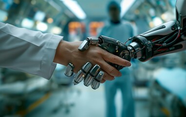 An AI robotic hand and a human hand shaking in a surgical room with medical staff in the background symbolizing collaboration technology and future of healthcare