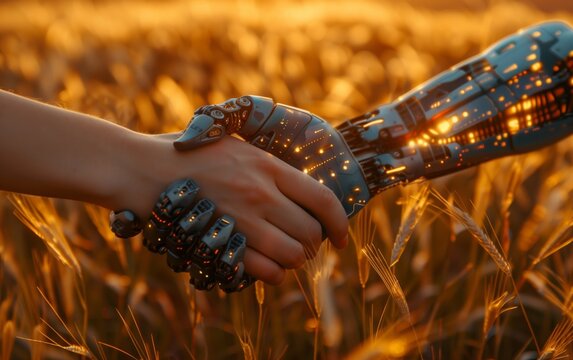 An AI robot and human hand shaking in a golden wheat field at sunset symbolizing the harmonious connection between technology and nature in an agricultural setting