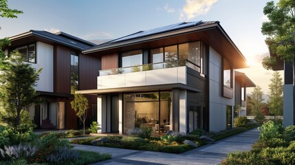Fototapeta premium Modern house with solar panels and a green garden in a residential area promoting sustainability and energy efficiency with contemporary design elements