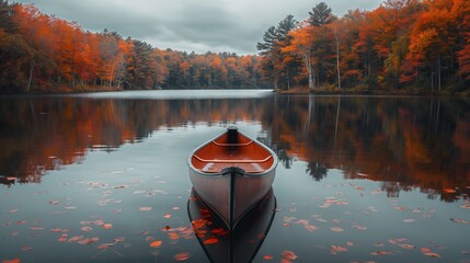A single canoe sits on a calm lake surrounded by autumn trees with vibrant foliage reflecting on the water creating a serene and peaceful setting