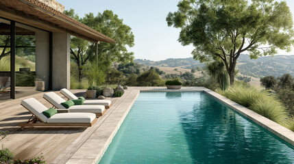 Fototapeta premium Luxurious outdoor swimming pool with comfortable sun loungers surrounded by lush greenery in a tranquil and serene setting