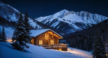 A snowy dreamy cabin in the mountainous night of Aspen, Colorado.